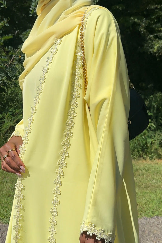BUTTER YELLOW LACE ABAYA